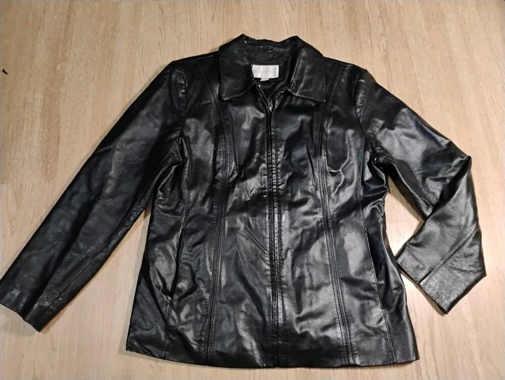 Worthington Womens Black Genuine Soft Lambskin Leather Blazer Jacket Lined Large